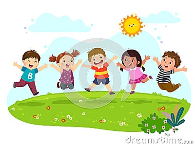 Group of happy kids jumping on summer meadow Vector Illustration