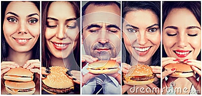 Group of happy people eating cheeseburgers Stock Photo