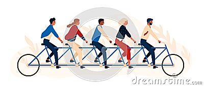 Group of happy people or friends riding tandem bicycle or quint. Young smiling men and women pedaling quintbike isolated Vector Illustration