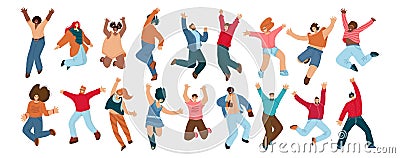 Group of happy people jumping on a white background. Young joyful jumping and dancing multiracial people with raised Vector Illustration