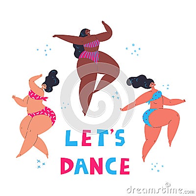 Happy plus size women dancing together.Lets dance Cartoon Illustration