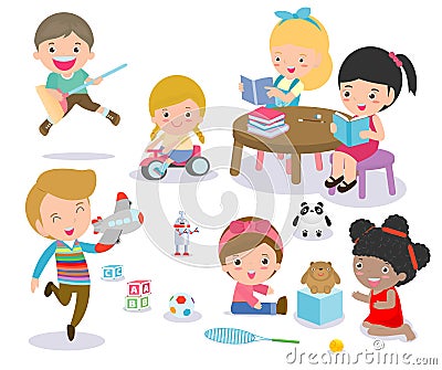 Group of happy school kids in classroom,children`s activity in the kindergarten, reading books, playing, education,Vector Vector Illustration