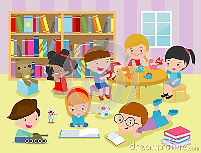 Group of happy school kids in classroom,children`s activity in the kindergarten, reading books, playing, education,Vector Vector Illustration