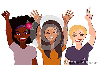 Group of happy smiling women of different race together holding hands up with piece sign, fist, open palm. Flat style illustration Vector Illustration