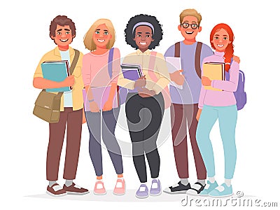 Group of happy students. Guys and girls, a bunch of college friends. Young cheerful people with books in their hands Cartoon Illustration
