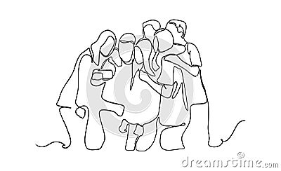 Group of happy young friends making selfie - one line drawing. Continuous one line drawing of group people selfie. Man and women Stock Photo