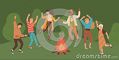 Group of happy young men and women dancing around bonfire in forest. People enjoying party in woods. Male and female Vector Illustration