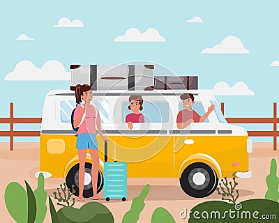 Group of happy young people going for the road trip with a minivan. Vector Illustration