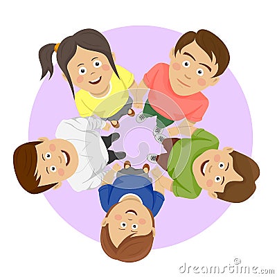 Group of happy young students showing unity. Top view of group of young people putting their hands together Vector Illustration