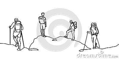 Group of hiker. One line drawing of people hiking on mountain. Continuous hand drawn vector illustration Vector Illustration