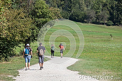 Group of hikers, slovenian alpinists, trekking in the Triglav Nationalpark, by Lake Bohinj Editorial Stock Photo