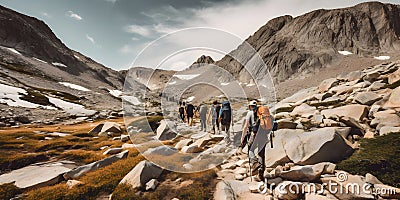 A group of hikers trekking up a rocky mountain trail colo one created with generative AI Stock Photo