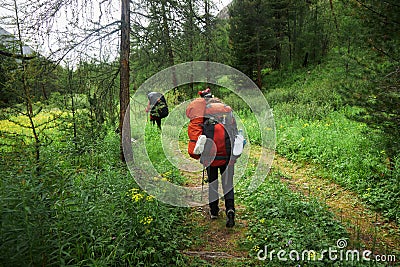 Group hiking, multi-day backpacking. Hiking in the Altai mountains, amazing landscape of the valley of the mountain range. Russia Editorial Stock Photo