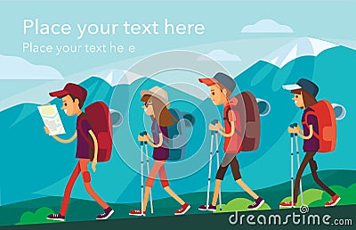 Group of hiking people with backpacks and map in moutains Vector Illustration