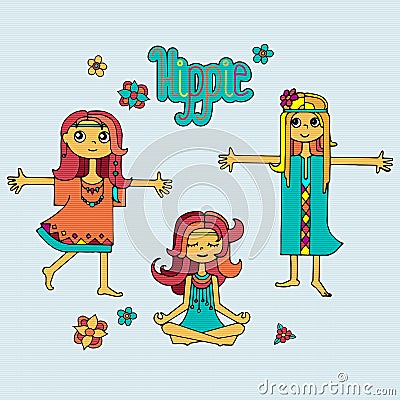 Group of hippie girls Vector Illustration