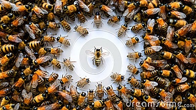 Group of honeybees on white background, isolated golden honeybees Stock Photo