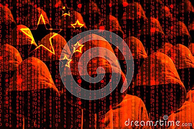Group of hooded hackers shining through a digital chinese flag Stock Photo
