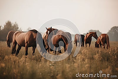 A group of horses grazing in a meadow, highlighting their social nature and connection to nature AI generated Stock Photo