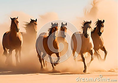 Group of horses running free in a desert sand dust. Stock Photo