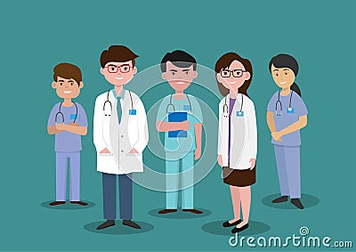 A group of hospital medical staff standing together Male and female medical staff Vector Illustration
