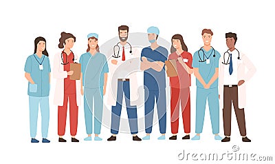 Group of hospital medical staff standing together. Male and female medicine workers - physicians, doctors, paramedics Vector Illustration