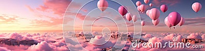 A group of hot air balloons floating in pink sky. Pink clouds Stock Photo