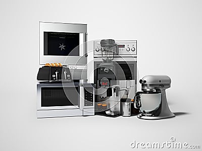 Group of household appliances for kitchen toaster coffee maker microwave food processor blender 3d render on gray background with Stock Photo