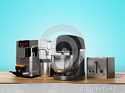 Group of household appliances for the kitchen on wooden rack 3d render on blue background with shadow Stock Photo