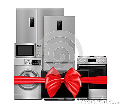 Group of household appliances with red gift ribbon and bow. Refrigerator, microwave, TV, washing machine, gas stove isolated on Vector Illustration