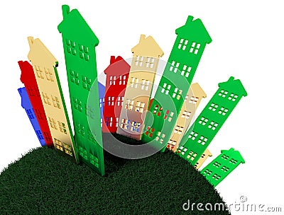 Group of houses standing on the round earth Stock Photo