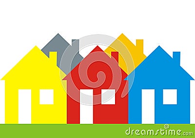 Five colors houses, vector icon. Several different colored houses. Vector Illustration