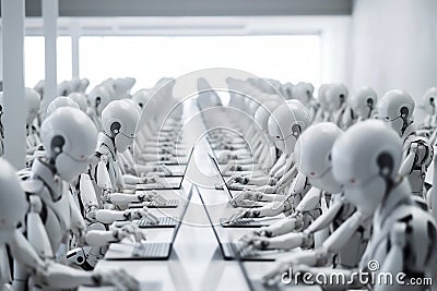 Group of humanoid robots working at laptops in an open space modern office. Generative AI Stock Photo