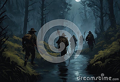 A group of hunters navigating the treacherous terrain of the dark swamp in pursuit of the witch Stock Photo