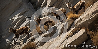 A group of ibexes scaling a rocky mountain cliff, concept of Vertical habitat utilization, created with Generative AI Stock Photo
