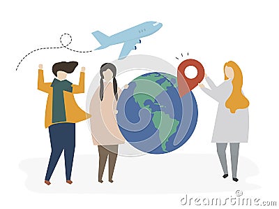 Group of illustrated friends planning for a trip Stock Photo