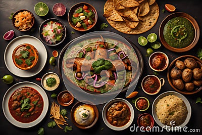 Group of Indian food includes Paneer Butter Masala, Dal Makhani, Palak Paneer, Aloo Paratha. ai generated Stock Photo