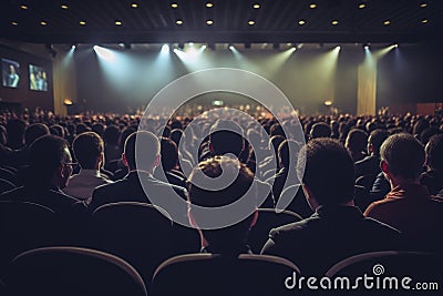 A group of individuals gathered closely together, seated in front of a platform, Rear view of people in audience at the conference Stock Photo