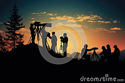 A group of individuals standing on top of a hill, taking in the beautiful scenery and enjoying the refreshing ambiance, Film crew Stock Photo