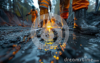 A group is trekking through a muddy path in the natural landscape Stock Photo