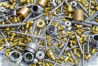 Group of industrial brass small peg and silver small pin Stock Photo