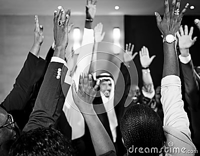 A Group of International Business People Are Raising Their Hands Editorial Stock Photo