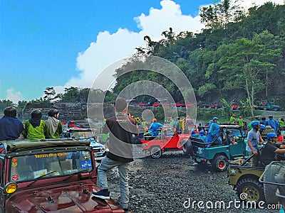 Group of jeep off road that prepare for the lava tour on merapi mountain indonesia Editorial Stock Photo