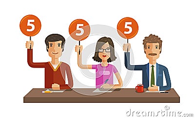 Group of judges jury. People hold up scorecards. Competition, quiz, exam concept. Vector flat illustration Vector Illustration