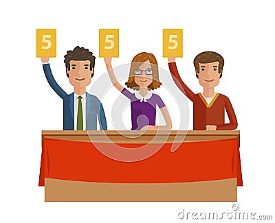 Group of judges jury. People hold up scorecards. Vector illustration Vector Illustration