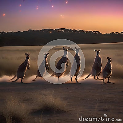 A group of kangaroos bouncing high into the air, forming a spectacular firework shape in the night sky5 Stock Photo