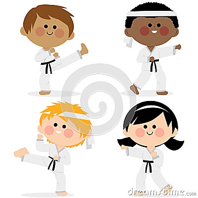 Children karate athletes in martial arts uniforms. Vector illustration Vector Illustration