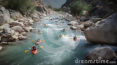 A group of kayakers navigating a rapid-filled river color one created with generative AI Stock Photo