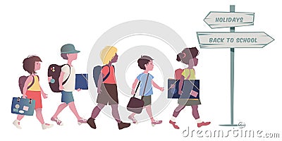 Group of kids with backpacks, briefcases, folders and books, back to school. Vector Illustration