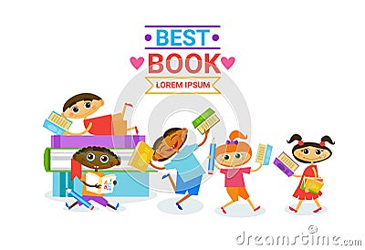 Group Of Kids With Books Reading Cute Children Happy Smiling Vector Illustration