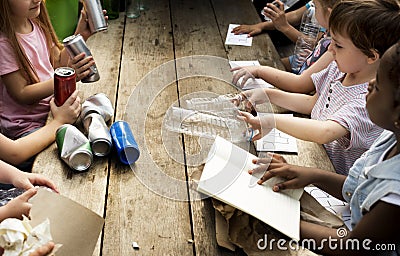 Group of kids classmates learning biology recycle environment Stock Photo
